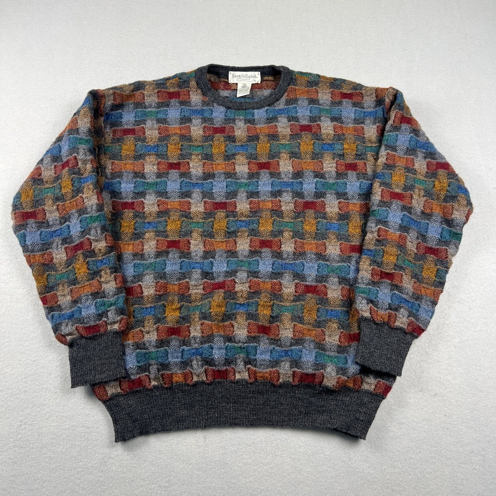Vintage Tricots St Raphael Sweater Mens XL Multi Color Merino Wool Basketweave
